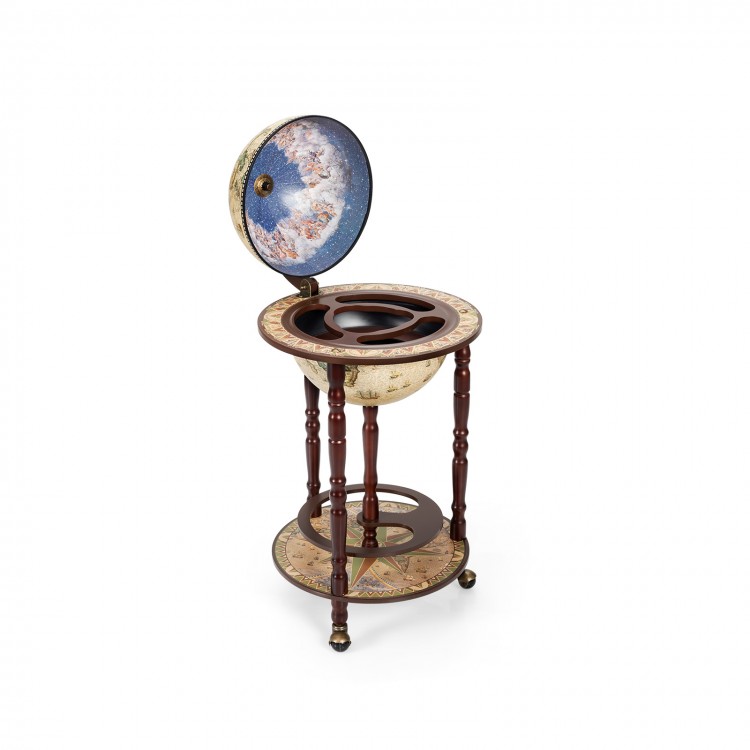 17-inch Italian style wooden globe wine rack with wheels, featuring an old world map design and heavenly interior view.