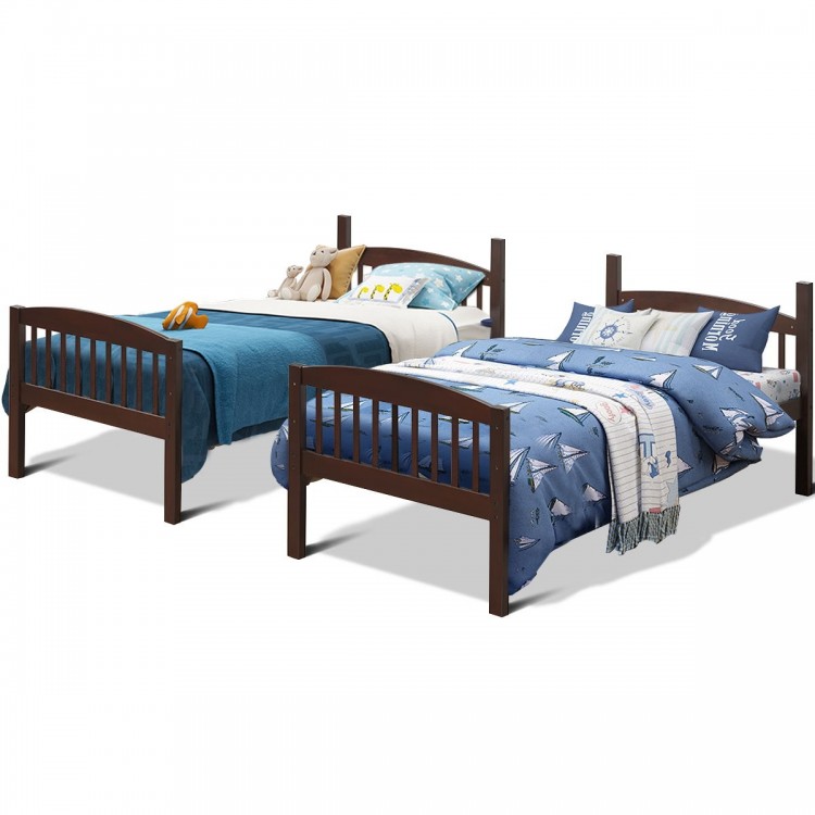 Solid wood twin bunk beds in coffee finish with detachable ladder, designed for safety and versatility in children's.