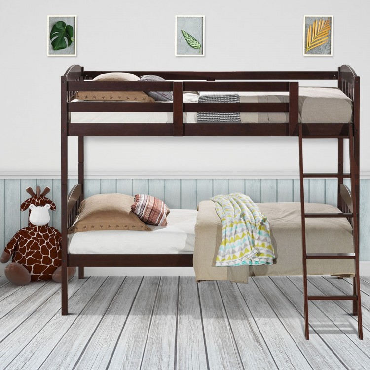 Solid wood twin bunk beds in coffee finish with detachable ladder, featuring full-length guardrails for safety.