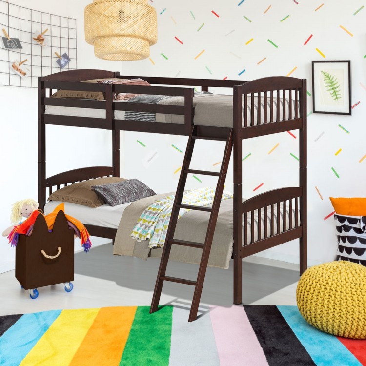 Solid wood twin bunk beds in coffee finish with detachable ladder, designed for safety and space-saving in children's.