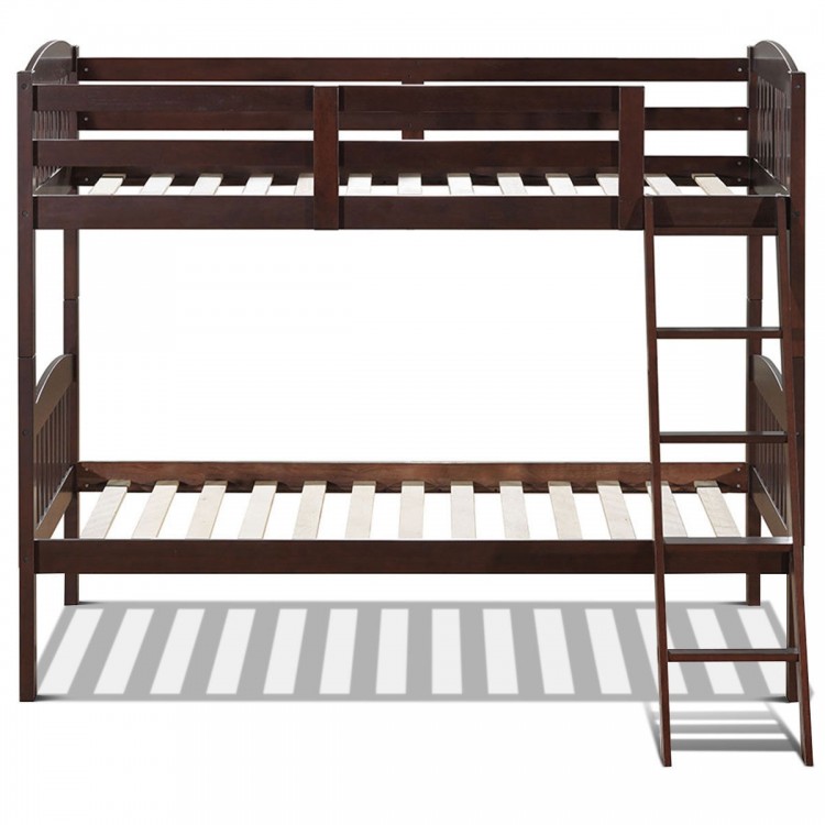 Solid wood twin bunk bed in coffee finish with detachable ladder and guardrails, perfect for space-saving in children's.