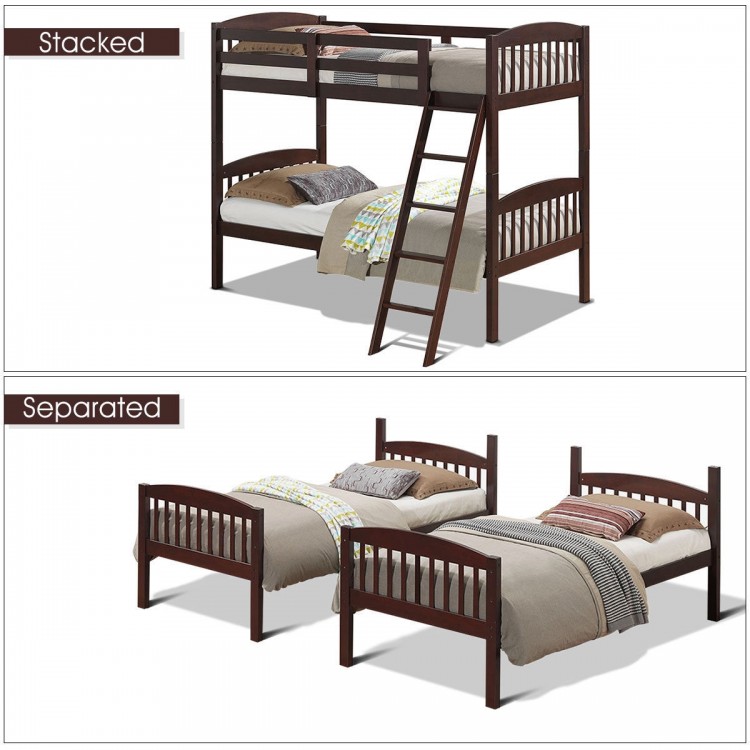 Solid wood twin bunk beds in coffee finish, shown stacked and separated, featuring a detachable ladder for versatile.