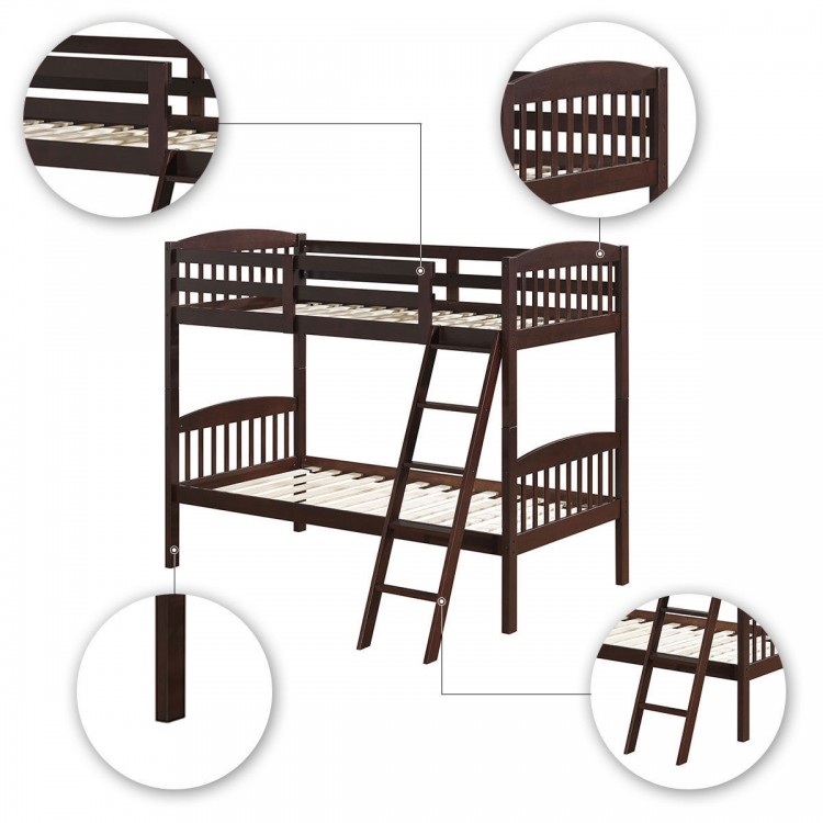 Solid wood twin bunk bed in coffee finish with detachable ladder and guardrails, perfect for space-saving children's.