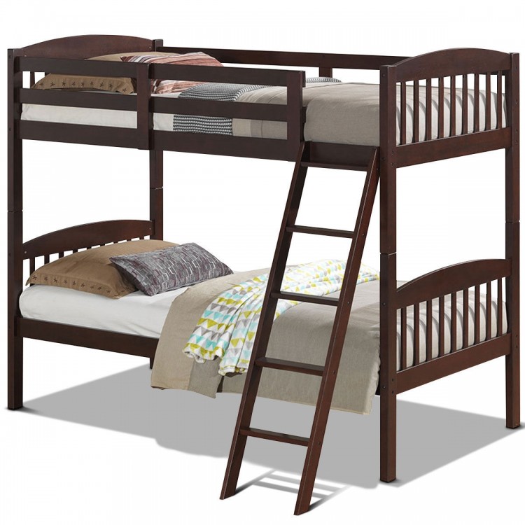 Solid wood twin bunk beds in coffee finish with detachable ladder, featuring guardrails for safety and space-saving.