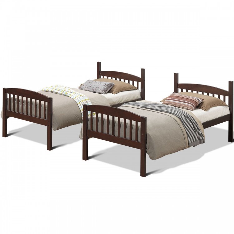 Solid wood twin bunk beds in coffee finish, featuring detachable ladder and guardrails, perfect for versatile.