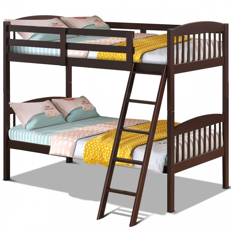 Solid wood twin bunk bed in coffee finish with a detachable ladder and cozy bedding, ideal for creating a fun sleeping.