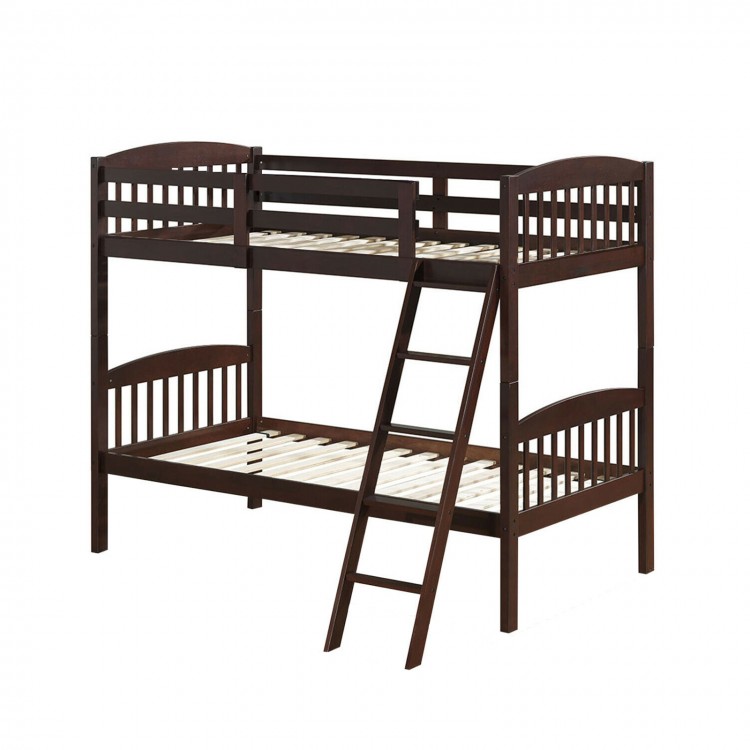 Solid wood twin bunk beds in coffee finish with detachable ladder and guardrails, perfect for space-saving children's.