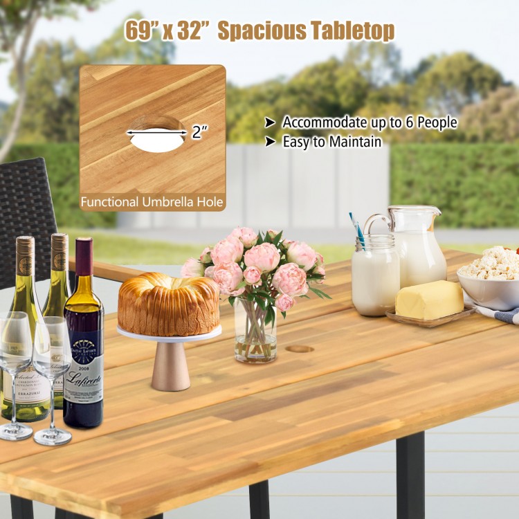 Acacia wood outdoor dining table with 69" x 32" tabletop, accommodating 6 people, featuring a 2" umbrella hole.
