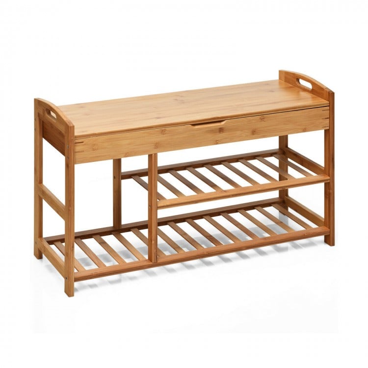 3-Tier Bamboo Shoe Bench Entryway Storage Rack with Openable Seat - Gallery View 1 of 12