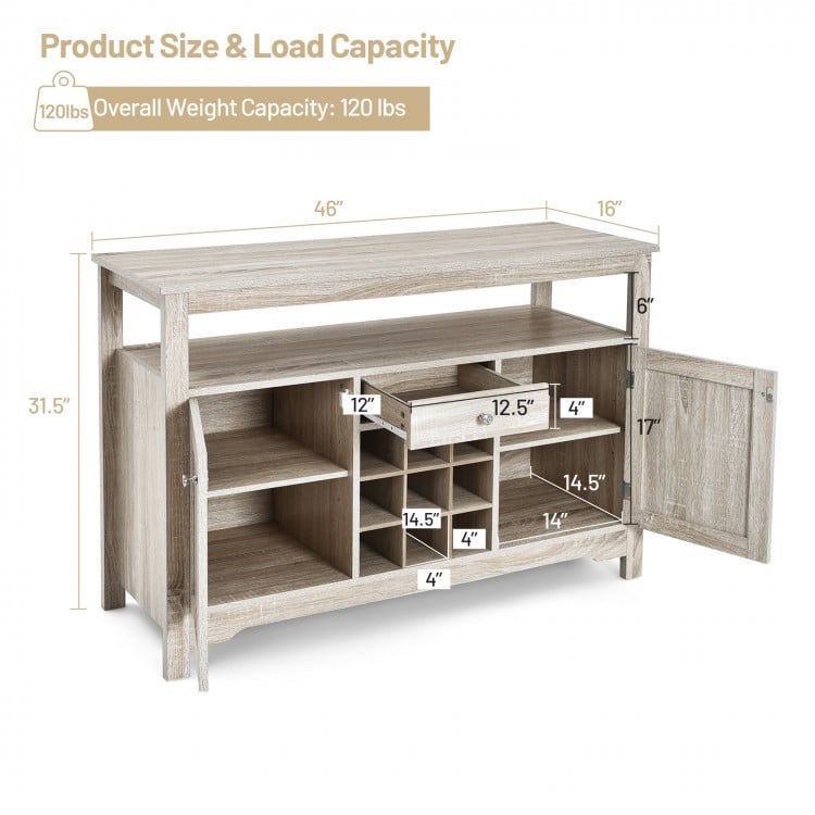 Buffet server sideboard in gray with open shelf, drawer, wine grid for 9 bottles, and adjustable cabinets for versatile.