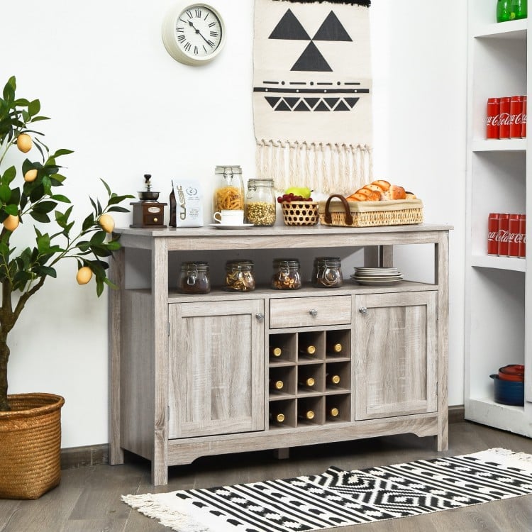 Gray buffet server sideboard with wine cabinet, open shelf, and adjustable storage, perfect for dining or living room.