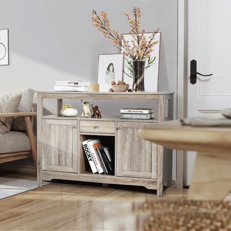 Buffet server sideboard in gray with open shelf, drawer, and wine grid for 9 bottles, ideal for living room or dining.