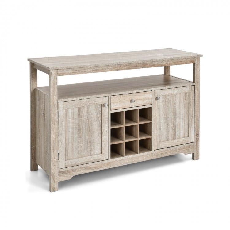 Buffet server sideboard in gray with open shelf, wine grid for 9 bottles, and two cabinets for versatile storage.