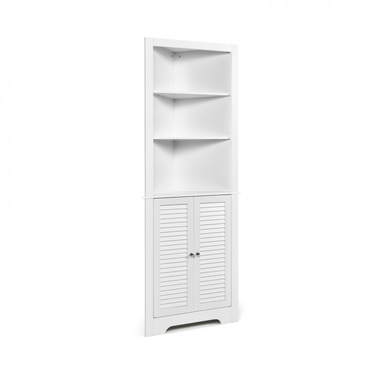 Free standing tall bathroom corner storage cabinet in white with elegant shutter doors, perfect for stylish.