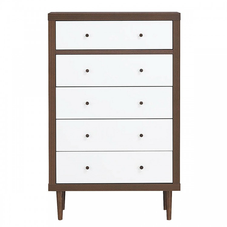 Antique-style free-standing dresser with 5 drawers, showcasing a sleek white and walnut design, perfect for organized.
