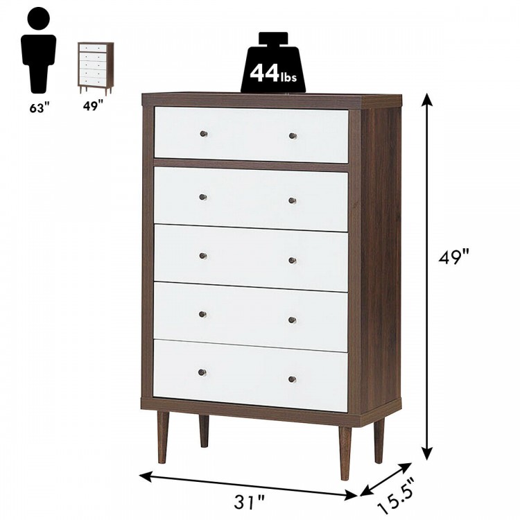 Antique-style free-standing dresser with 5 drawers in walnut and white, ideal for bedroom or hallway storage.