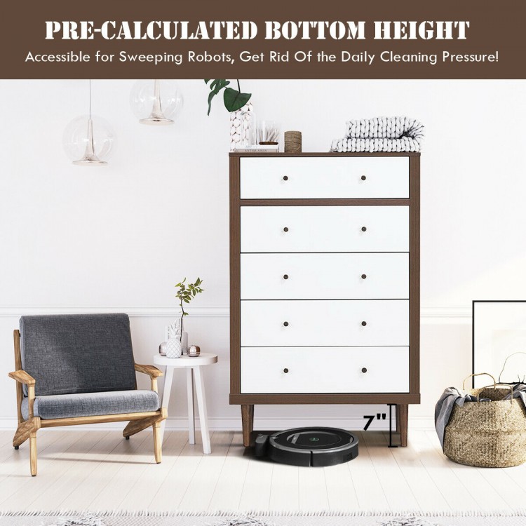 Antique-style free-standing dresser with 5 drawers, walnut and white finish, 7" lifted feet for easy cleaning access.