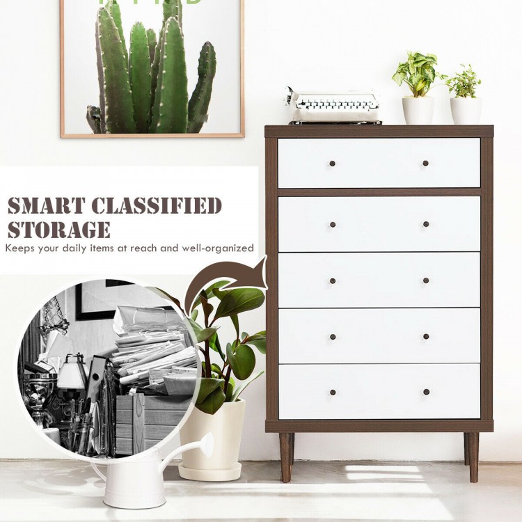 Antique-style free-standing dresser with 5 drawers in walnut and white, perfect for organized storage in any room.