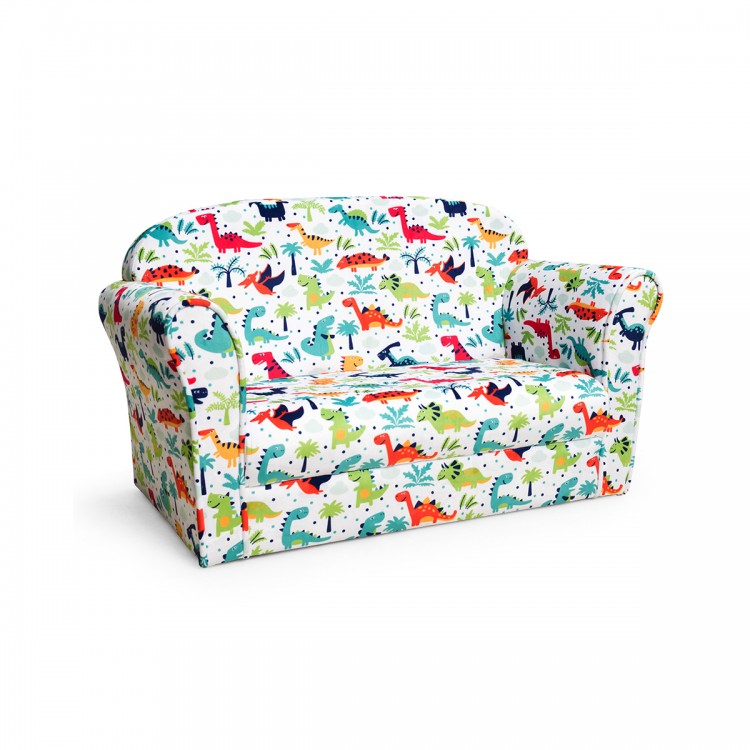 Double kids dinosaur sofa with vibrant dinosaur upholstery, ideal for cozy reading or lounging in any children's space.