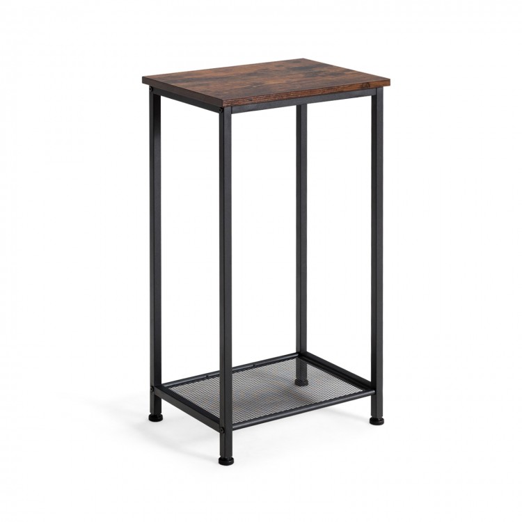 Industrial end table with a rustic top and metal mesh storage shelf, perfect for living room or bedroom organization.