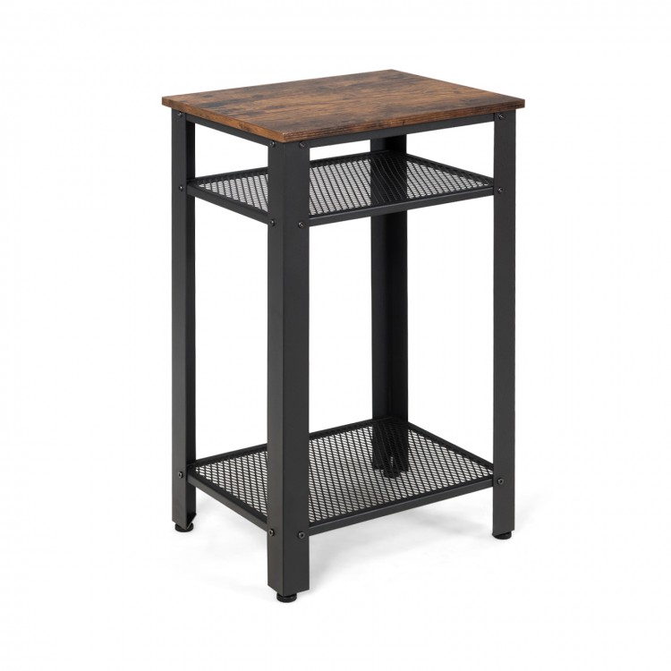 3-tier industrial end table showcasing a rustic top and metal mesh shelves, designed for compact storage in any room.