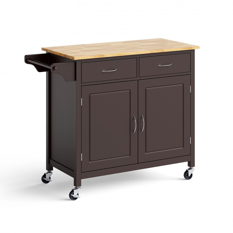 Modern rolling kitchen cart in brown with wooden top, featuring two drawers and enclosed cabinet for extra storage.