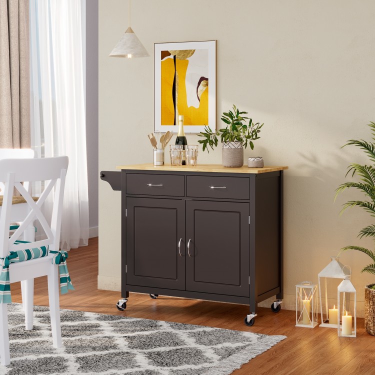 Modern rolling kitchen cart with a wooden top, featuring storage drawers and wheels for easy mobility in the kitchen.