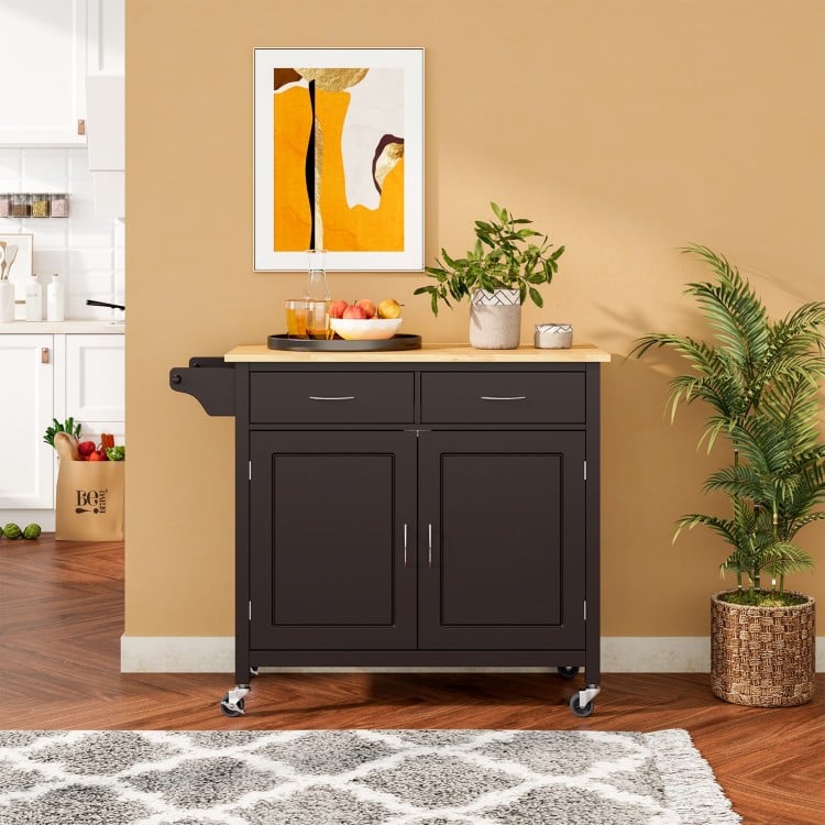 Modern rolling kitchen cart with wooden top, brown finish, featuring storage cabinets and wheels for easy mobility.
