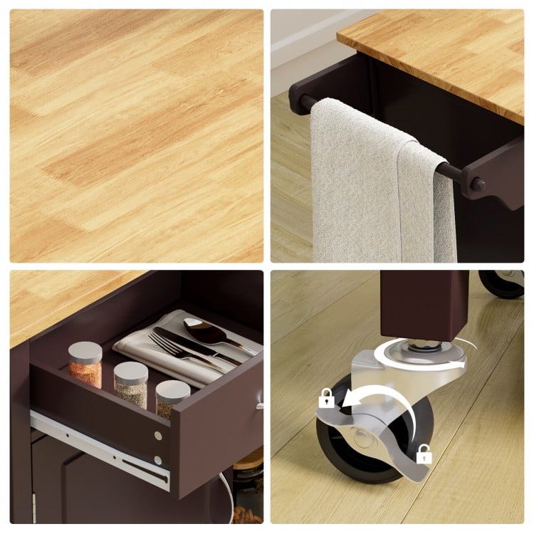 Close-up of the Modern Rolling Kitchen Cart with wooden top, featuring slide-out drawers and universal casters for easy.