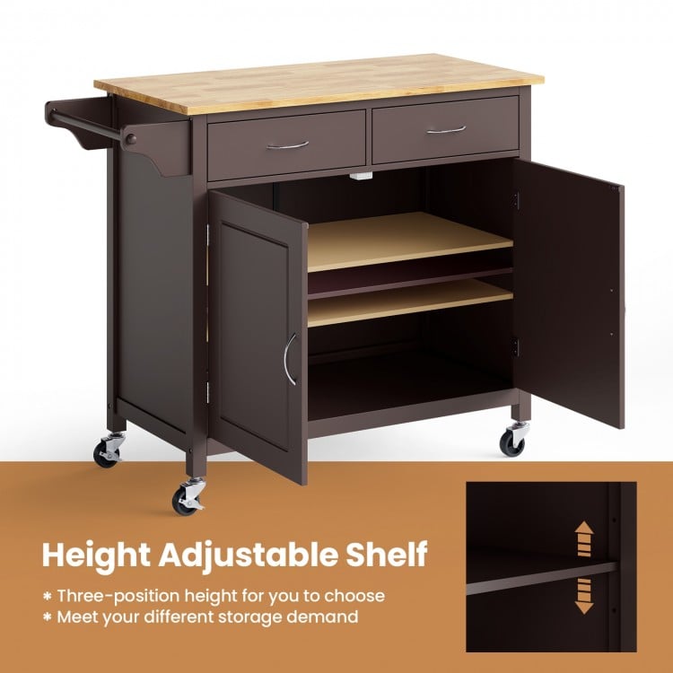 Modern rolling kitchen cart in brown with wooden top, featuring adjustable shelf and two drawers for versatile storage.