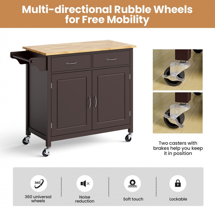 Modern rolling kitchen cart with brown finish, wooden top, and four universal casters for easy mobility and storage.