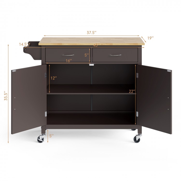 Modern rolling kitchen cart island in brown with wooden top, featuring two drawers and adjustable shelf for ample.