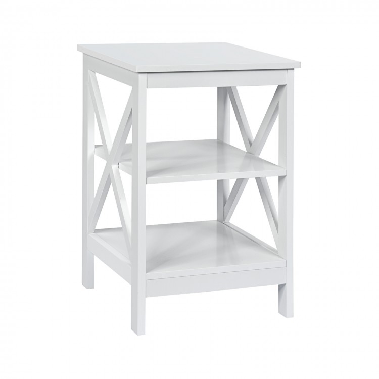 White 3-tier nightstand with X-design, featuring storage shelves, ideal for living room or bedroom decor.