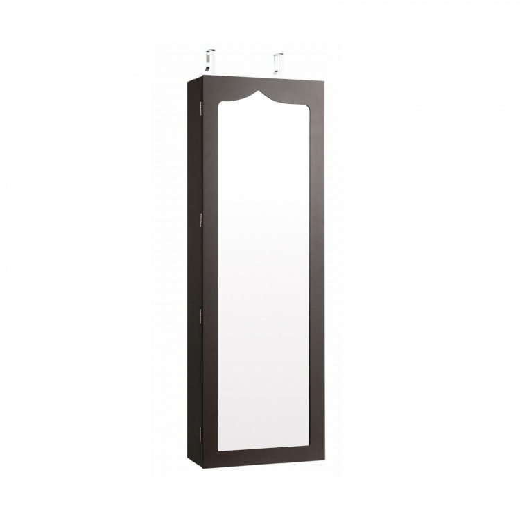 Lockable coffee jewelry armoire with full-length mirror, 5 LED lights, and 6 drawers for organized storage.