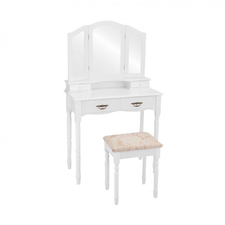 White dressing table with spacious tabletop and tri-fold mirror, featuring four drawers for ample storage in any.