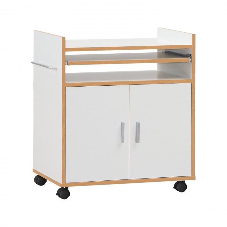 Rolling kitchen island on wheels with removable shelf and towel rack, made of engineered wood for versatile storage.