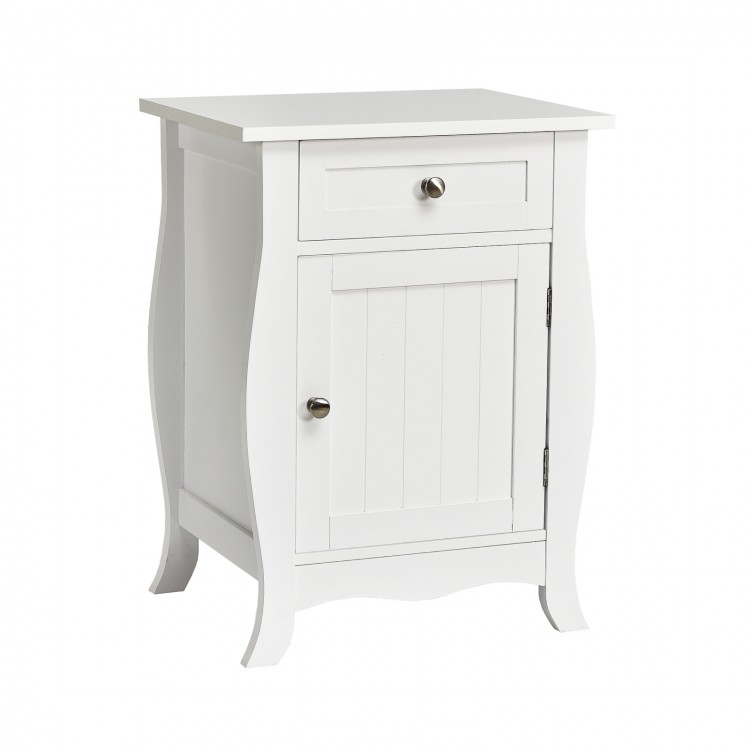 White wooden accent end table with drawer and cabinet, featuring a wave-shaped bottom, perfect for stylish storage.