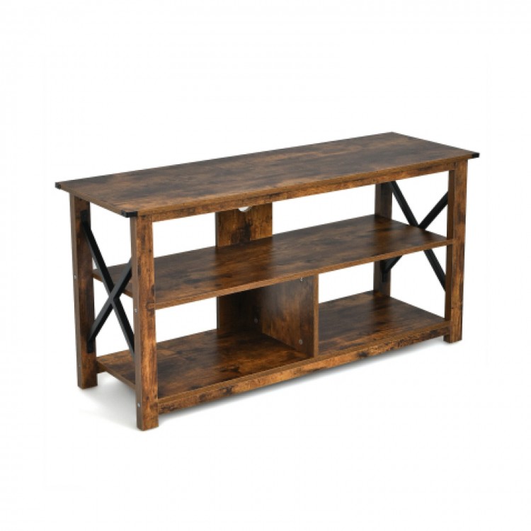 Rustic brown Modern Farmhouse TV stand with open shelves, accommodating TVs up to 55 inches, ideal for living room or.