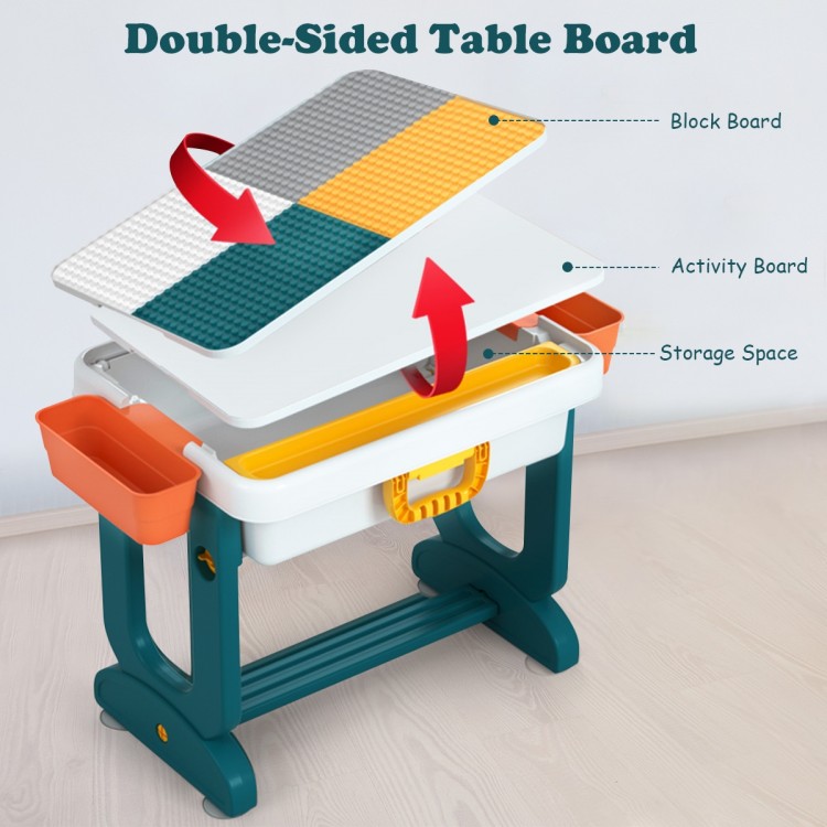 Double-sided kids activity table with smooth and block-compatible surfaces, perfect for learning and creative play.