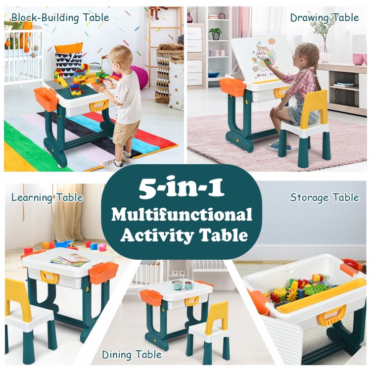 5-in-1 kids activity table set featuring a double-sided board for learning, drawing, and block-building, perfect for.