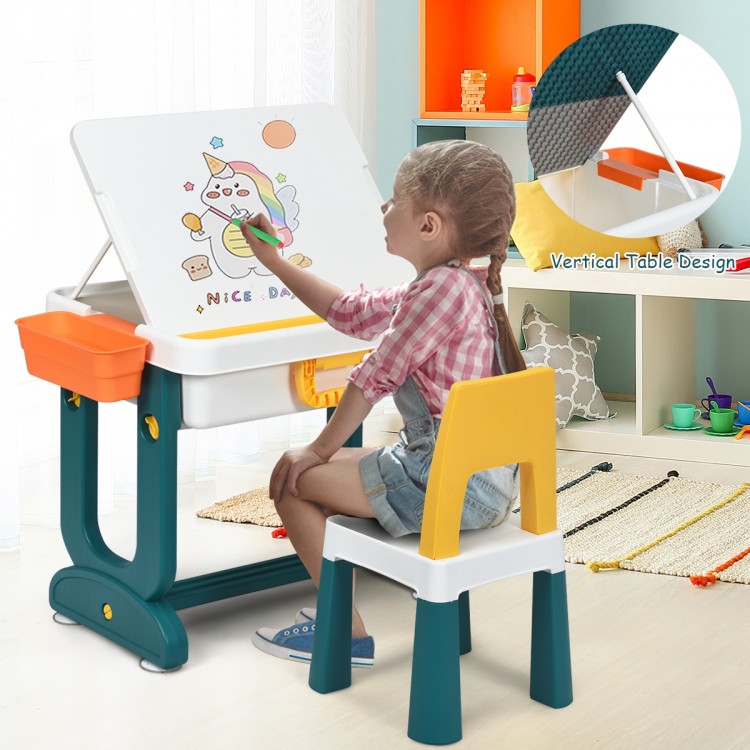 Kids activity table set featuring a double-sided board for drawing and building blocks, perfect for creative play.