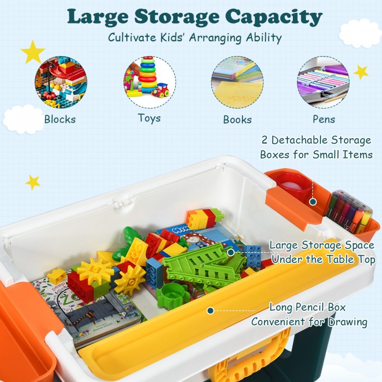 Kids activity table set featuring large storage capacity, detachable boxes, and a double-sided board for creativity and.