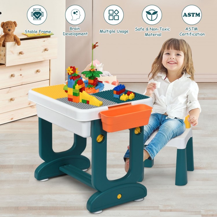 Kids activity table set featuring a double-sided board for drawing and block play, perfect for creative learning.