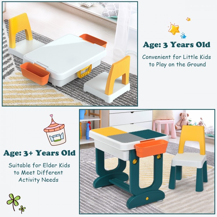 Kids activity table set featuring a double-sided board for learning and block play, perfect for ages 3 and up.