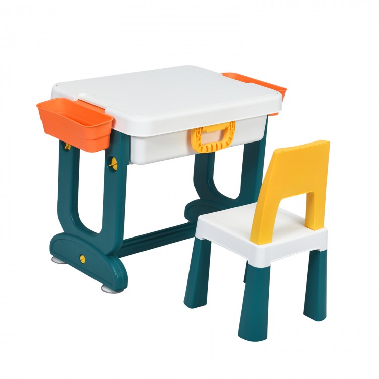 Kids activity table set with double-sided board, storage compartments, and chair, perfect for learning and creativity.
