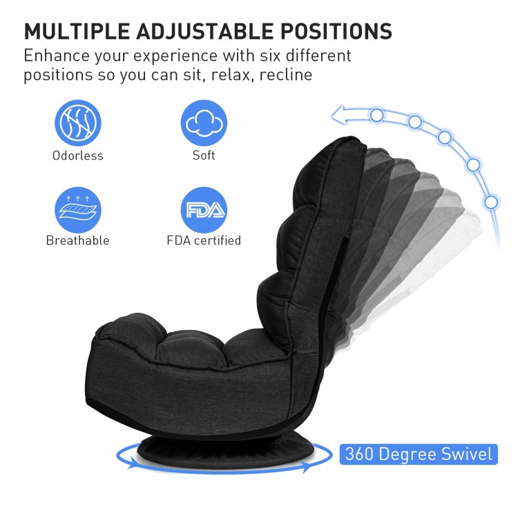 Adjustable black gaming chair with 360-degree swivel, five backrest positions, and breathable fabric for comfort.