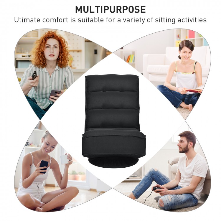 5-position folding floor gaming chair in black with a swivel base, ideal for comfortable gaming and relaxation.