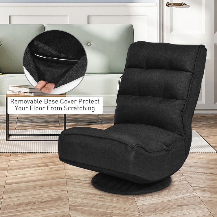 Black 5-position folding floor gaming chair with a removable base cover for floor protection and 360-degree swivel base.