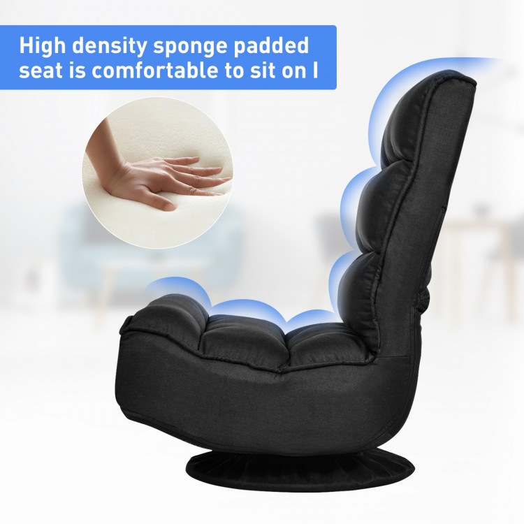 Black 5-position folding floor gaming chair with high-density sponge padding, perfect for comfortable gaming sessions.