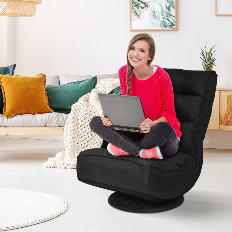 Black 5-position folding floor gaming chair with a swivel base, ideal for comfortable seating in any room.
